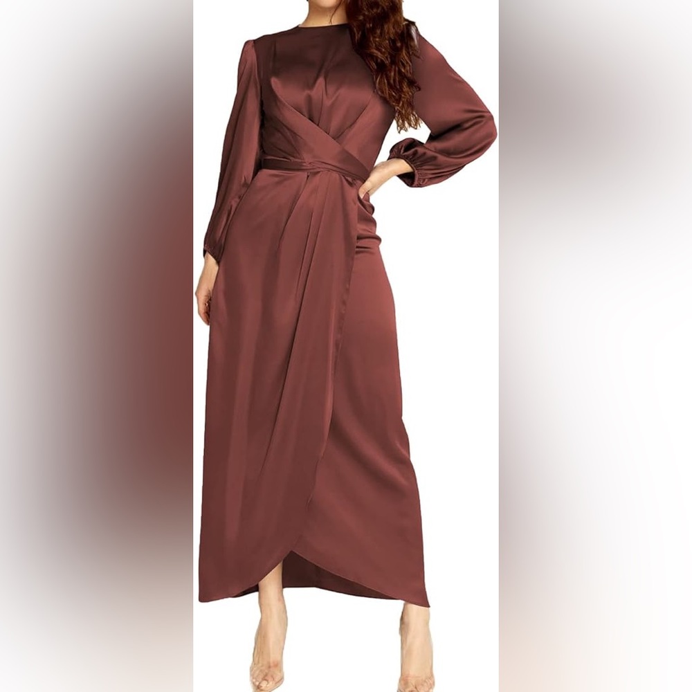 Women's Elegant Empire Waist Long Sleeve Satin Maxi Dress